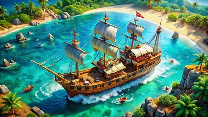 Obraz premium Colorful Pirate Ship Clipart for Adventure Themes, Treasure Maps, and Nautical Illustrations
