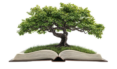 Book with tree growing from its pages, symbolizing knowledge and nature isolate on transparent background, cutout, png