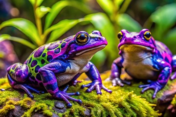 Naklejka premium Colorful Purple Harlequin Toads in Their Natural Habitat: A Stunning Display of Nature's Unique Amphibian Beauty