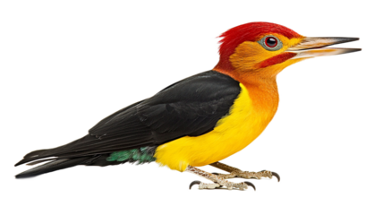 A yellow-billed hornbill perched on a white branch, with red-winged blackbirds and red-headed woodpeckers nearby, creates a vibrant and colorful scene of wildlife in nature