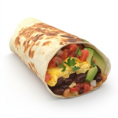 A 3D render of a breakfast burrito filled with scrambled eggs, beans, and salsa, served with a side of avocado, isolated on a white background