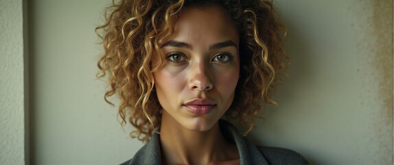 Stylish Woman with Natural Curls in Thoughtful Pose