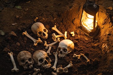 Illuminated lantern near human skulls and bones at night