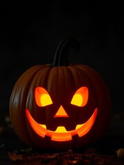 Fototapeta premium A classic halloween pumpkin features a carved face glowing brightly set against a dark backdrop that emphasizes its festive charm halloween backdrop