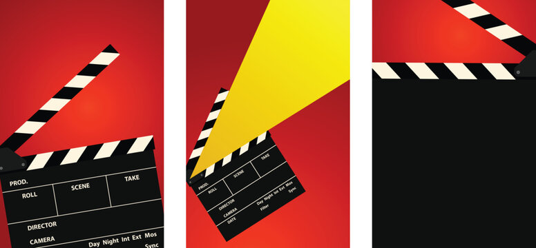 movie clapper board, slate on black different styles for film movie poster, banner, website design and premiere event, cannes, award simple vector