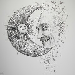 Obraz premium Smiling Crescent Moon and Celestial Scene