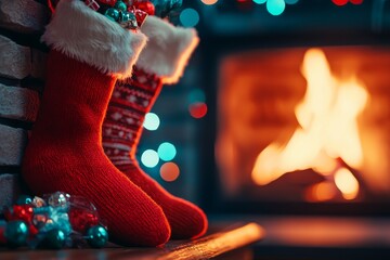 Close-Up of Red Epiphany Stockings Filled with Candy on a Fireplace Mantel with a Warm Fire in the...