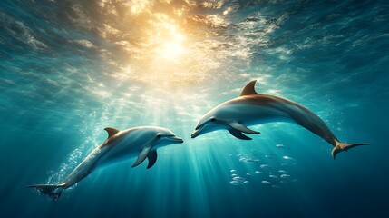 Naklejka premium A mesmerizing pod of dolphins effortlessly gliding through the shimmering azure waters their sleek and powerful forms creating a captivating cinematic underwater seascape
