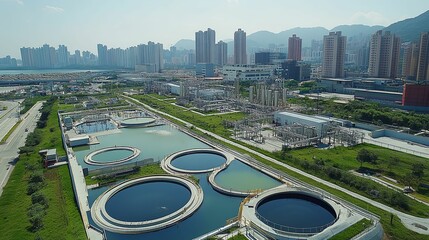 Aerial View of a Water Treatment Facility Surrounded by Cityscape and Green Spaces