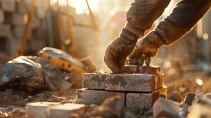 Construction Worker Laying Bricks on a Building Site