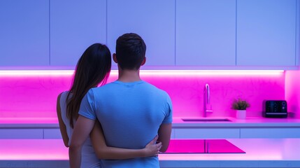 A couple in a hightech kitchen, using a touchscreen device to control the lighting and temperature, with smart home devices integrated into the sleek design