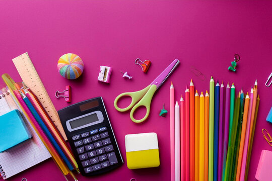 vista superior de objetos de escuela, articulos escolares sobre fondo blanco, concepto recursos editoriales educativos