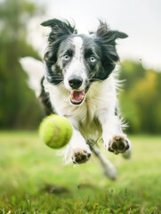 Fototapeta premium Energetic Border Collie chasing a tennis ball outdoors in a green field. Dog and playtime concept