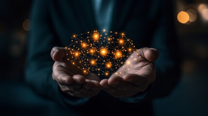 Businessman holding a social network connection with icons and people in their hands