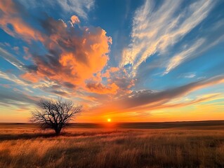 Obraz premium Dramatic Twilight Sky with Whimsical Cloud Formations and Warm Hues of Setting Sun Atmospheric Lighting Creates an Ethereal and Mystical Landscape with RenaissanceClassical Influence and Idyllic