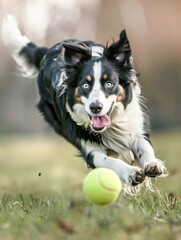 Energetic Border Collie chasing a tennis ball outdoors in a green field. Dog and playtime concept