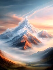 Fototapeta premium Dreamlike pastel mountain vista featuring rugged snow dusted peaks rising above a hazy valley with wispy clouds drifting across the sky captured in a painterly
