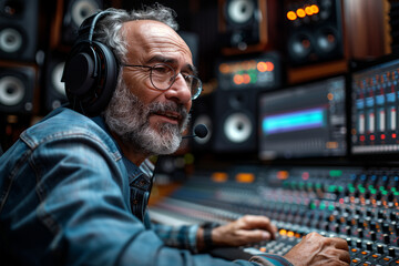 Voiceover artist recording in professional sound studio, wearing headphones and speaking into a microphone