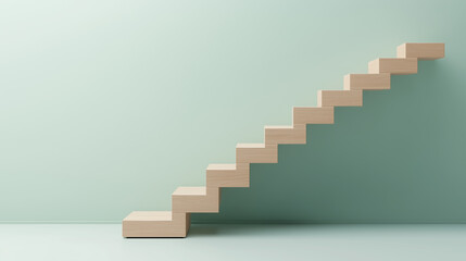 A wooden staircase is shown in a room with a green wall