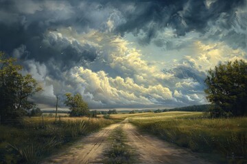 Obraz premium A painting of a road with a tree in the foreground and a storm in the background, generative ai image
