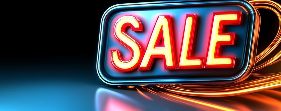 A brightly lit neon sign displaying the word "SALE" against a gradient background, conveying a sense of urgency for promotional offers.