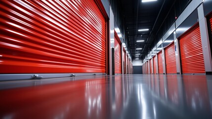 Red roller shutter doors in a storage unit for self-storage and climate control