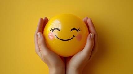 Cheerful depiction of hands cradling a smiley face stress ball, perfect for promoting mental health awareness during Mental Health Day and stress relief initiatives.