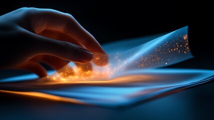 A hand interacts with a glowing, translucent digital interface.  futuristic technology, innovation, digital world.