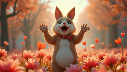 Cute hare on the background of a park with flowers