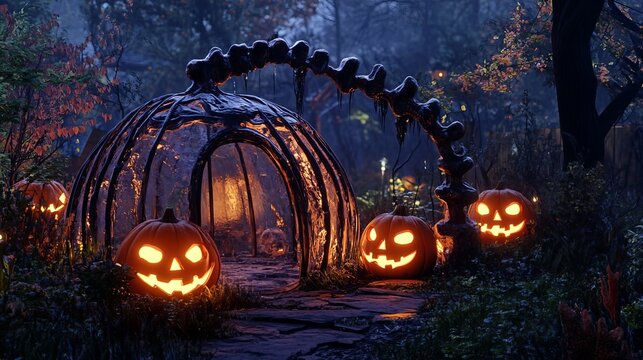 A strange bone dome and glowing jack-o'-lanterns 