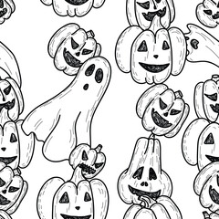 Hand Drawn Happy Halloween Seamless Pattern black and white background. Pumpkin, Ghost, Bat, Skull Sketch doodle style monochrome vector print.