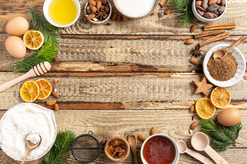 A frame of ingredients for making Christmas cookies. Christmas, holiday