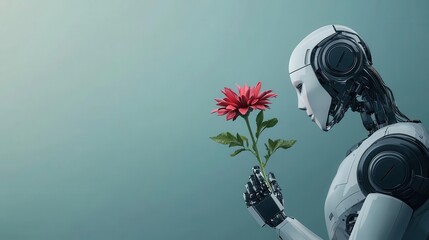 A futuristic robot holding a flower, contemplating its meaning, AI and emotion, technology and humanity