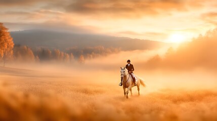 Fototapeta premium A majestic equestrian horse and rider in perfect synchrony traversing a serene landscape evocative of a timeless equestrian tradition lush verdant meadows and soft golden light
