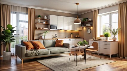 Cozy Small Studio Apartment Interior Design with Modern Furniture and Warm Color Palette Decor
