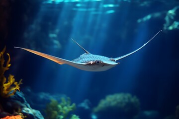 tropical stingray swimming underwater in the deep ocean with sunlight and sand