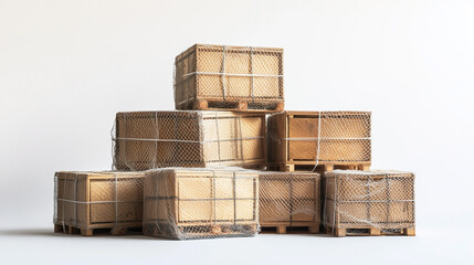 A stack of wooden crates with a netting on top