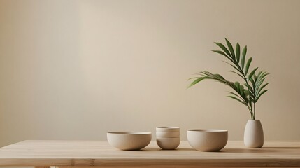 A simple Scandinavian-style dining table made of light oak, featuring minimalist ceramic tableware and a single green plant, set against a neutral beige backdrop