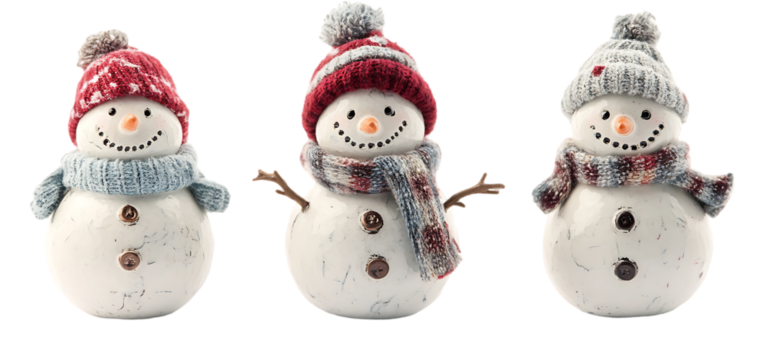 three set of cute Snowmen and shrub isolated transparent background