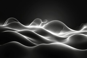 Abstract Black and White Wavy Surface with Glowing Particles
