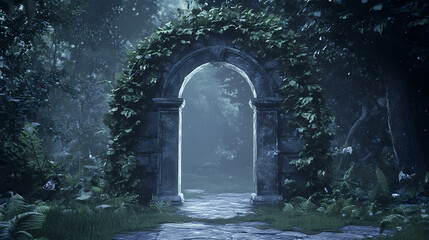 Fantasy stone archway portal covered in creepers ancient magical gate to another dimension digital art. Portal to Another Dimension. Illustration