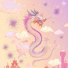 Colorful Chinese dragon soaring among clouds and fireworks