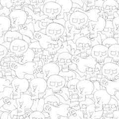 Hand Drawn Happy Halloween Seamless Pattern black and white background. Pumpkin, Ghost, Bat, Skull Sketch style monochrome vector Wallpaper