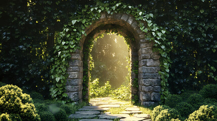 Obraz premium Fantasy stone archway portal covered in creepers ancient magical gate to another dimension digital art. Portal to Another Dimension. Illustration