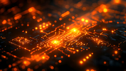 Abstract Circuit Board 3D Illustration with Glowing Orange Lines