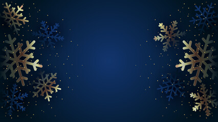 Navy christmas background with blue and gold snowflakes and gold sequins
