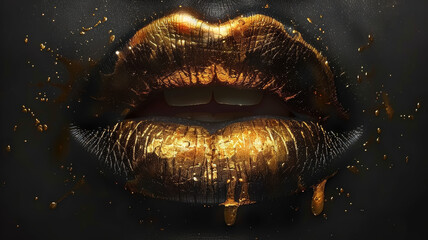 Golden Drips on Black Lips for an Enchanted Look