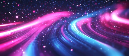 Abstract digital waves in vibrant pink and blue tones with sparkling particles.
