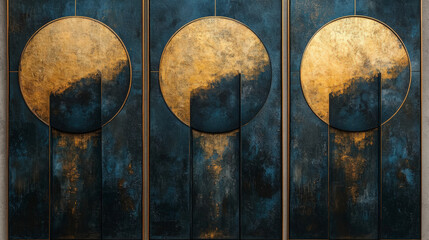 Abstract art piece featuring a triptych of golden circles against a textured dark background, creating a sense of contrast and depth.