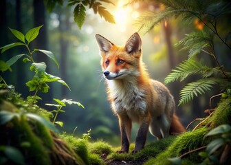 Curious Red Fox Exploring the Forest with Lush Greenery and Soft Natural Light in the Background
